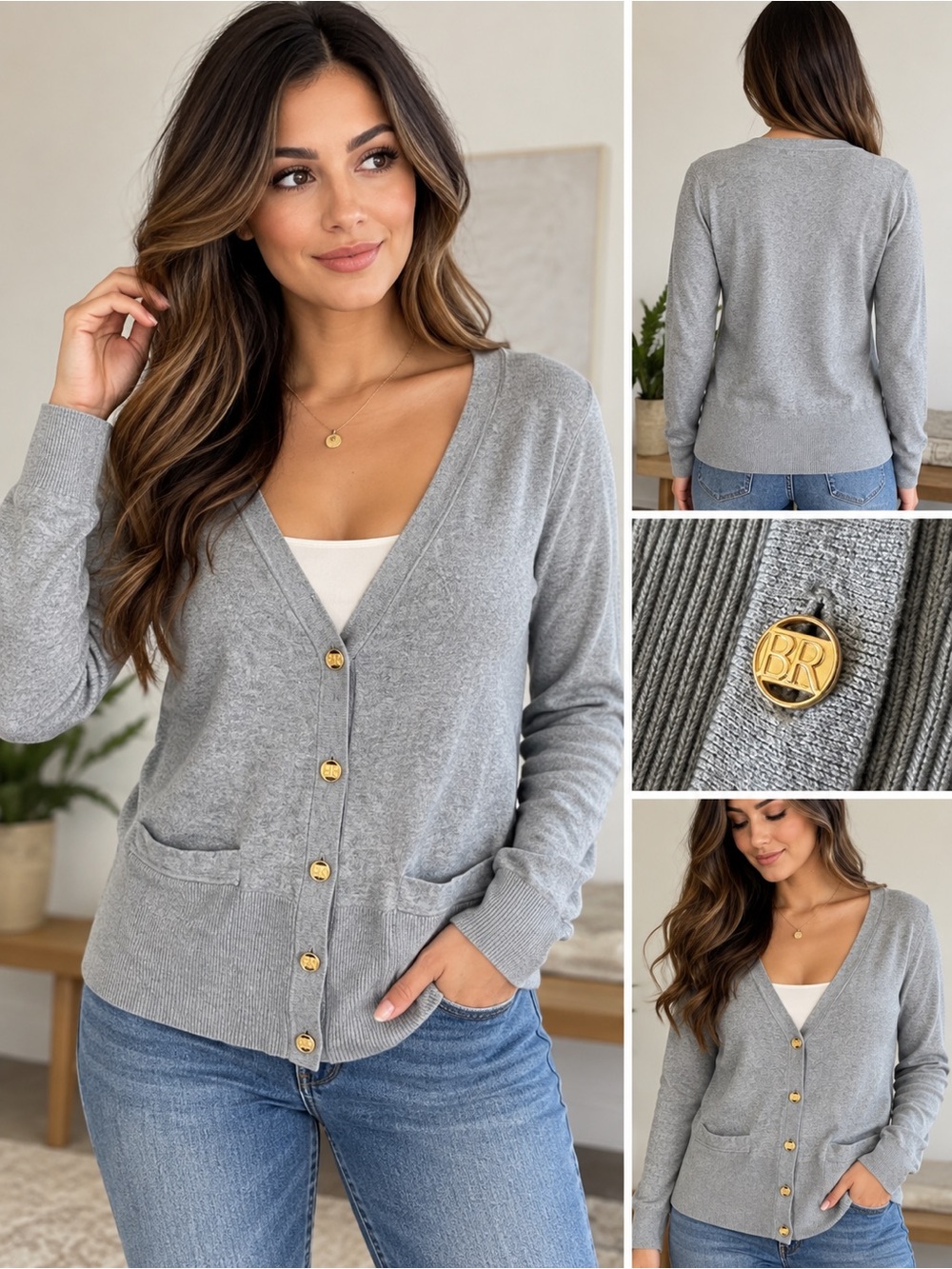 Banana Republic Light Gray V-Neck Cardigan with Gold Logo Buttons